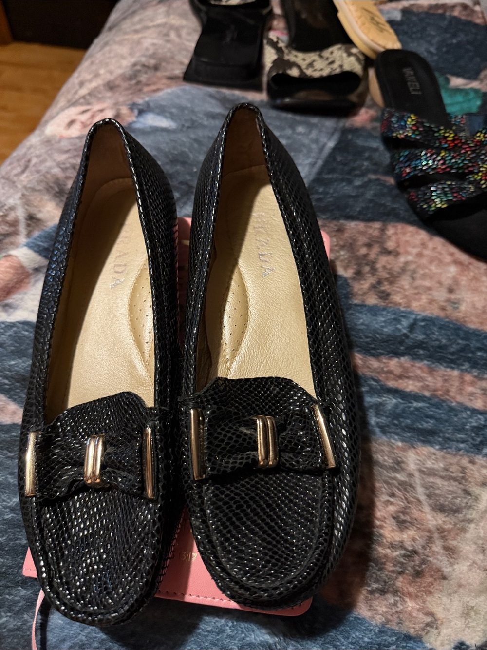 Prada Black Snake-Textured Loafers with Gold Accent